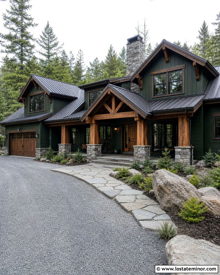Hunter Green Mountain House With Stone And Wood Columns - 30 Hunter Green House Design With Porch Columns Ideas