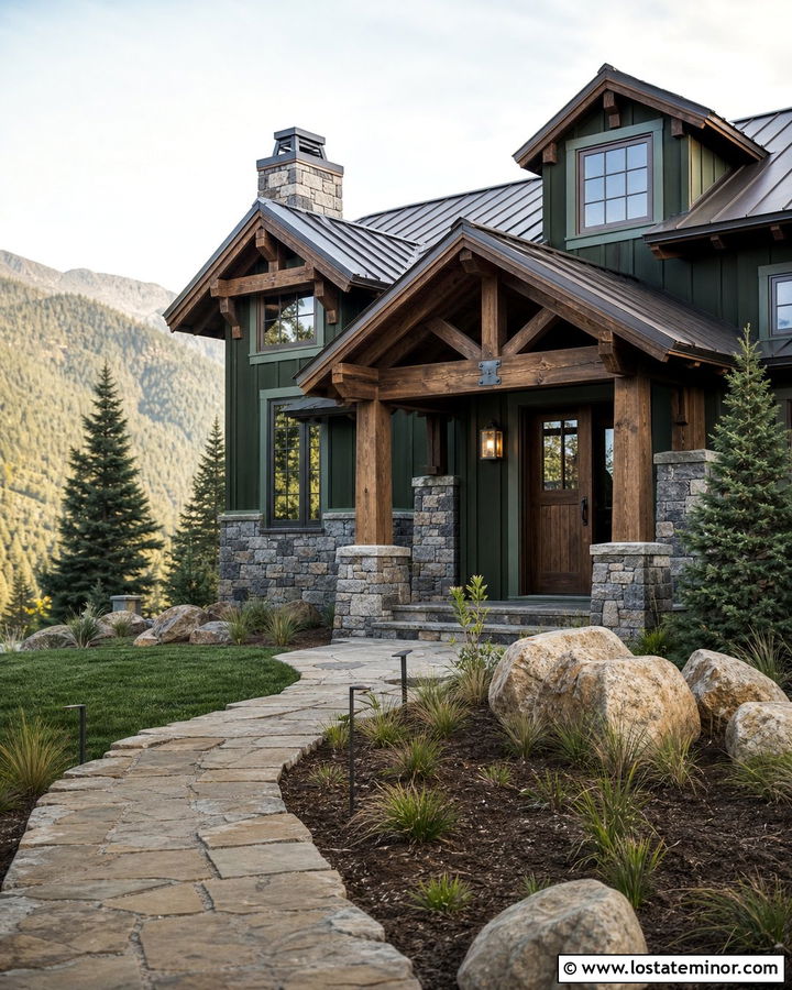 Hunter Green Mountain House With Stone Portico - 30 Hunter Green House Design With Portico Ideas