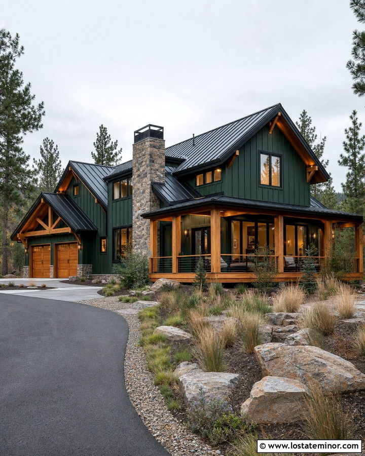 Hunter Green Mountain House With Timber Downlights - 30 Hunter Green House Design With Lighting Ideas