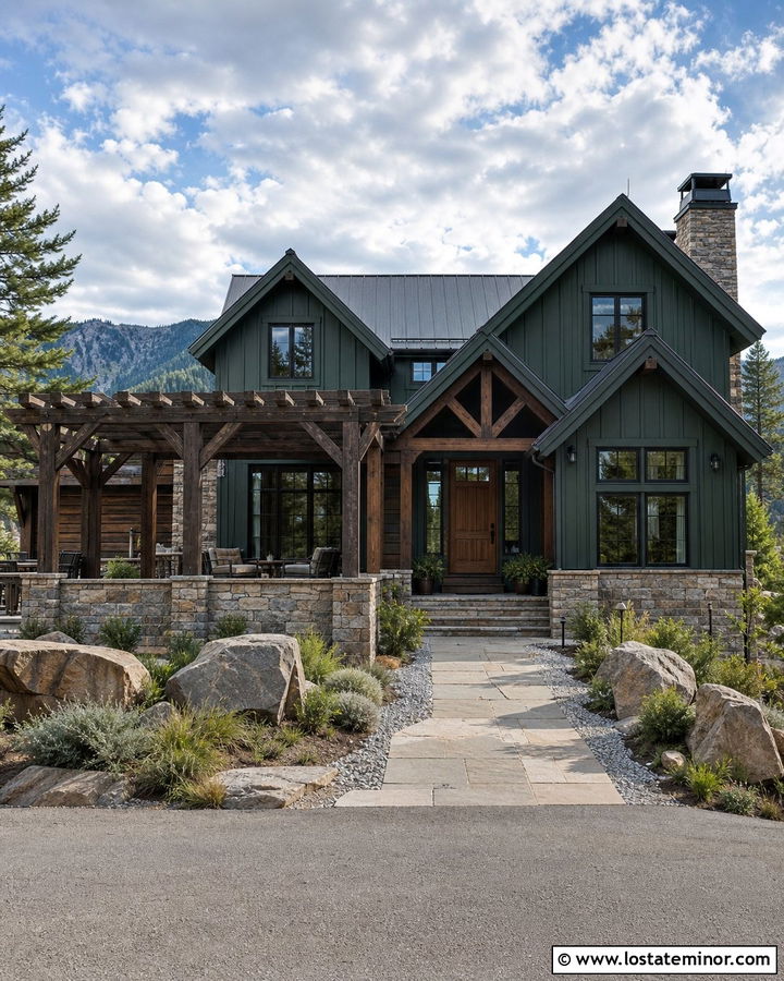 Hunter Green Mountain House With Timber Pergola - 30 Hunter Green House Design With Pergola Ideas