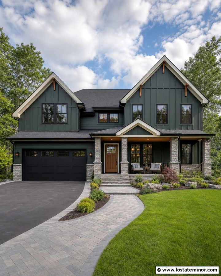 Hunter Green New Build With Black Window Frames And Mixed Siding - 30 Hunter Green House Design With Window Frames Ideas