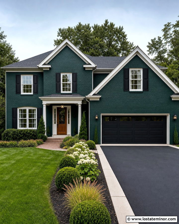 Hunter Green Painted Brick House With Asphalt Driveway - 30 Hunter Green House Design With Driveway Ideas