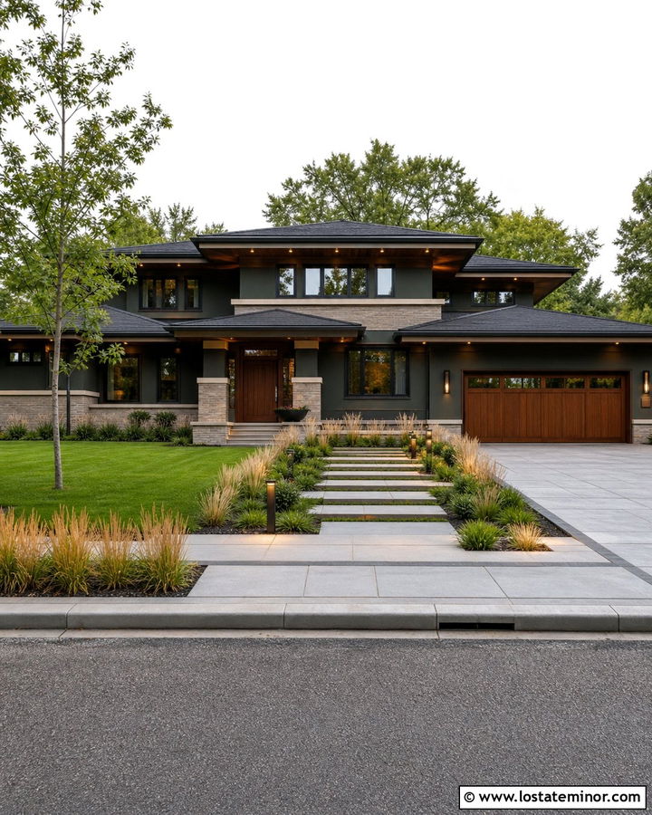 Hunter Green Prairie House With Bronze Bollard Lights - 30 Hunter Green House Design With Lighting Ideas