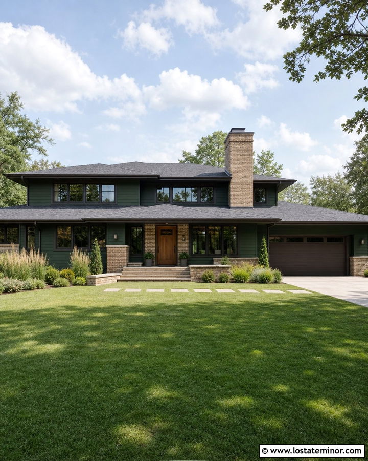 Hunter Green Prairie House With Bronze Casement Windows - 30 Hunter Green House Design With Window Frames Ideas