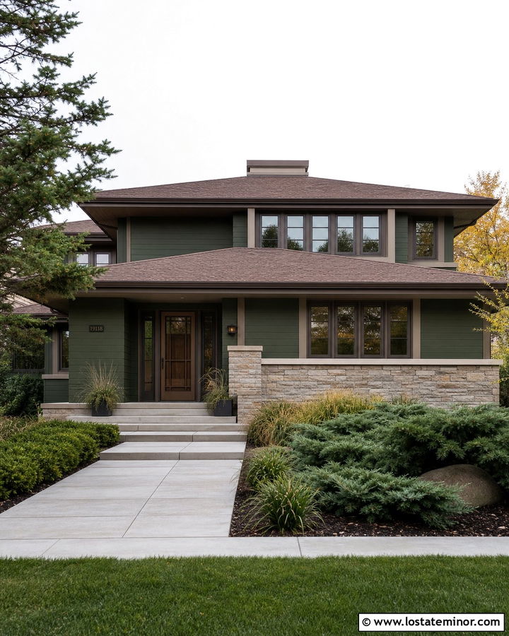 Hunter Green Prairie House With Bronze Storm Door - 30 Hunter Green House Design With Storm Door Ideas