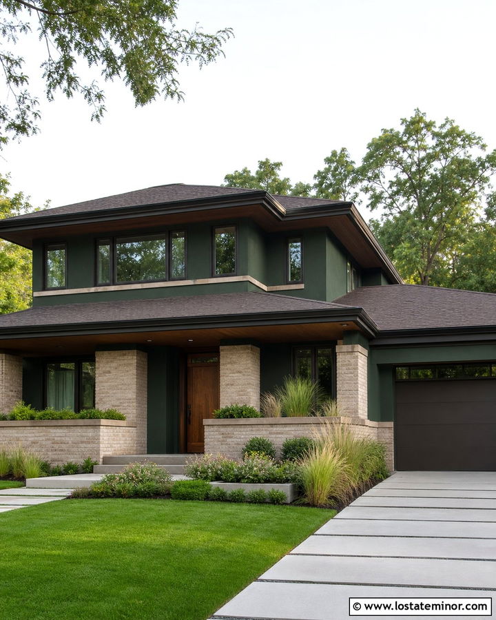 Hunter Green Prairie House With Buff Brick Wainscoting - 30 Hunter Green House Design With Wainscoting Ideas