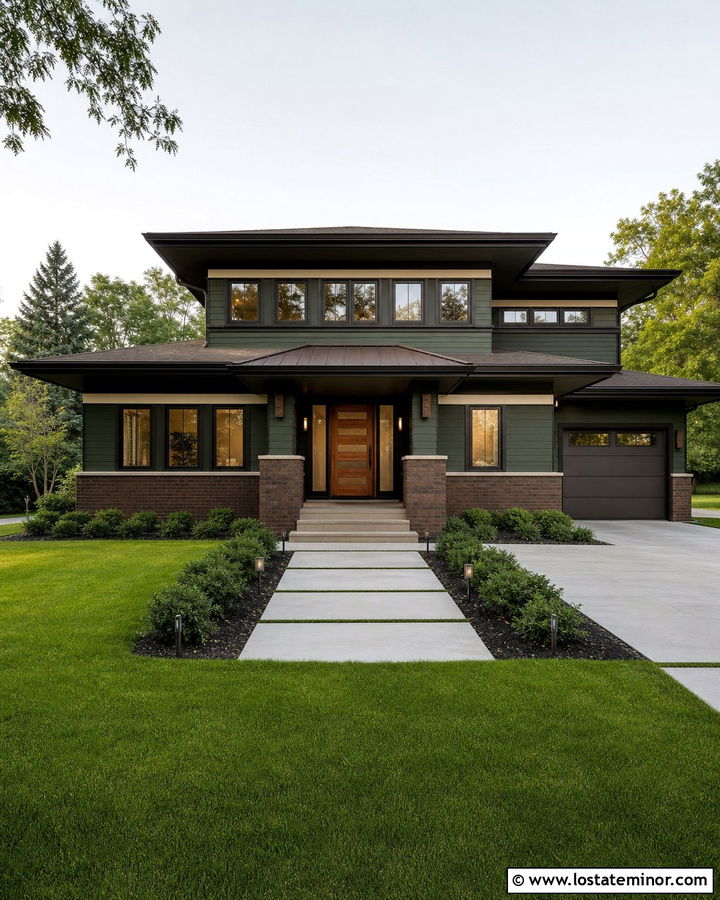 Hunter Green Prairie House With Flat Metal Awning - 30 Hunter Green House Design With Awning Ideas