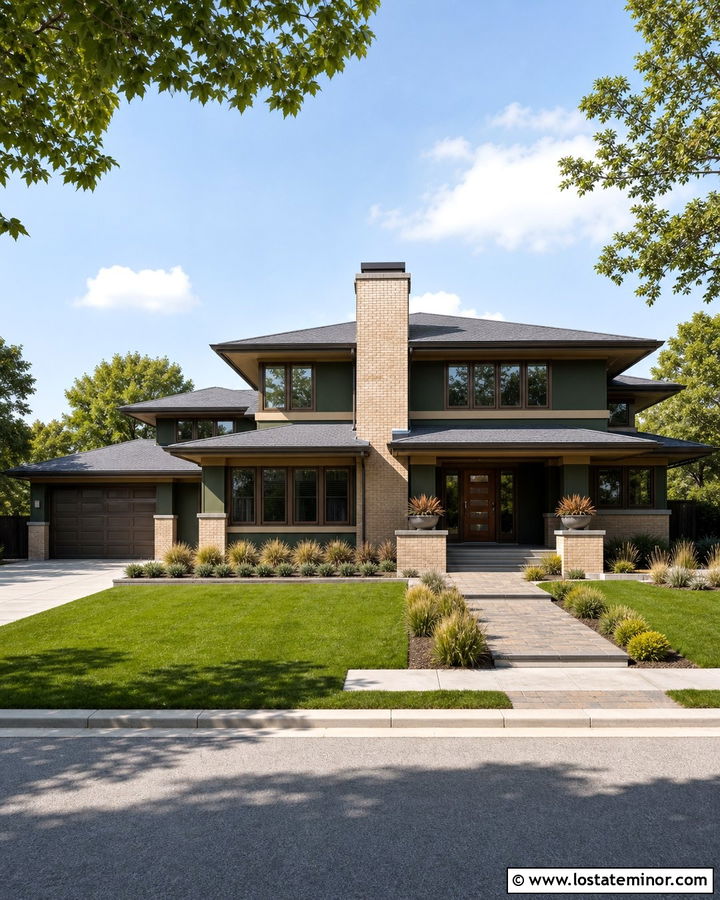Hunter Green Prairie House With Horizontal Chimney - 30 Hunter Green House Design With Chimney Ideas