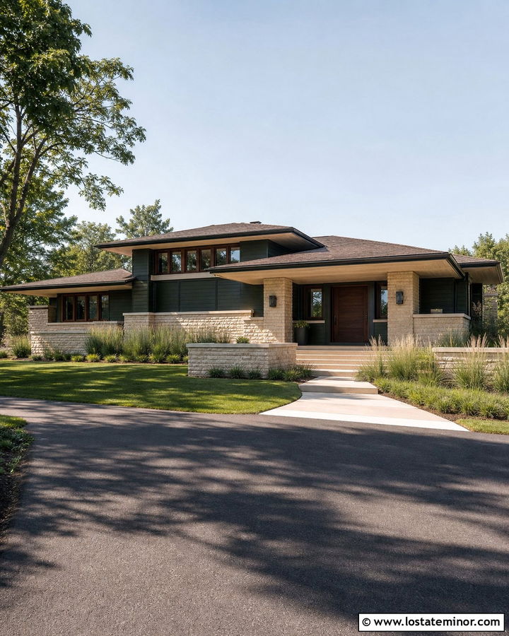 Hunter Green Prairie House With Low Pitch Shingles - 30 Hunter Green House Design With Shingles Ideas