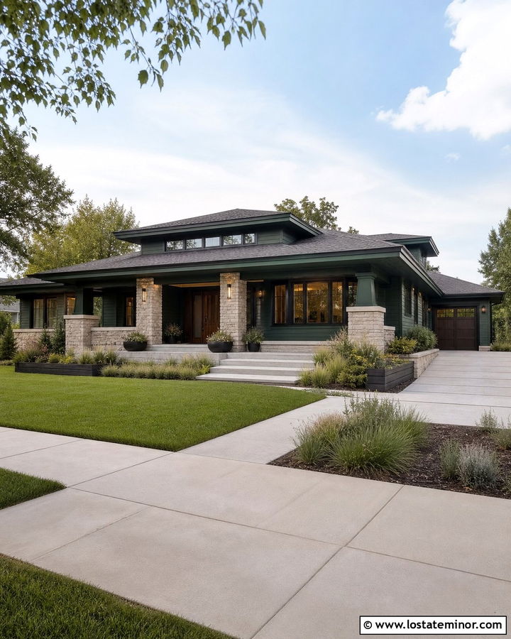 Hunter Green Prairie House With Masonry Columns - 30 Hunter Green House Design With Porch Columns Ideas