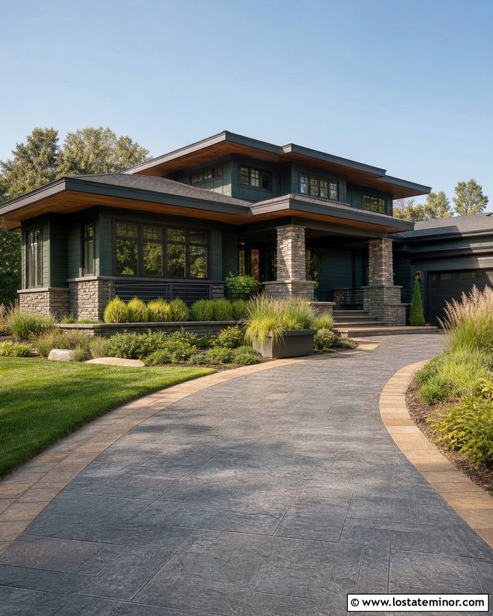 Hunter Green Prairie House With Stamped Concrete Driveway - 30 Hunter Green House Design With Driveway Ideas