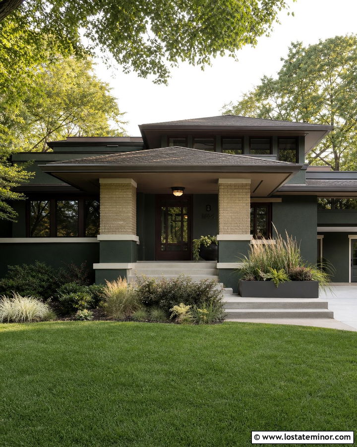 Hunter Green Prairie House With Wide Portico - 30 Hunter Green House Design With Portico Ideas