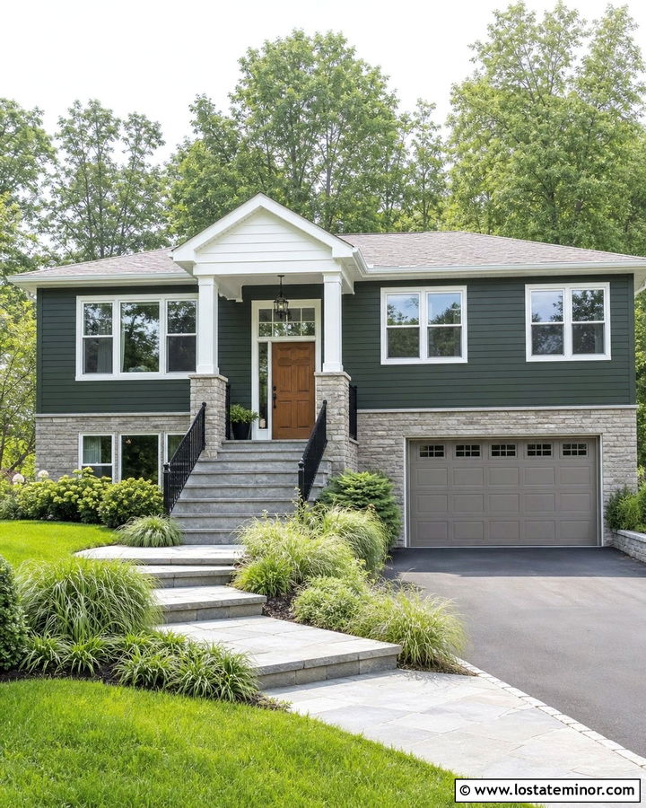 Hunter Green Raised Ranch With Stone Portico - 30 Hunter Green House Design With Portico Ideas