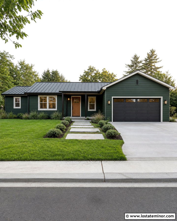 Hunter Green Ranch House With Black Metal Portico - 30 Hunter Green House Design With Portico Ideas