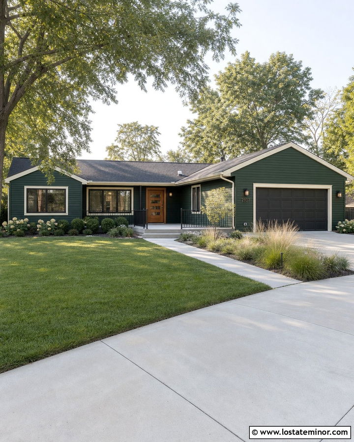 Hunter Green Ranch House With Low Black Railings - 30 Hunter Green House Design With Railings Ideas