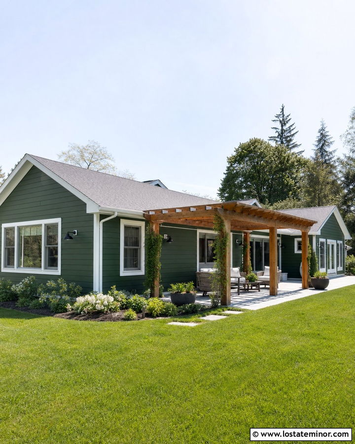 Hunter Green Ranch House With Pergola - 30 Hunter Green House Design With Backyard Ideas
