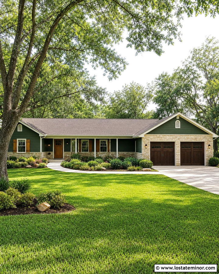 Hunter Green Ranch House With Tan Stone - 30 Hunter Green House Design With Stone Accents Ideas