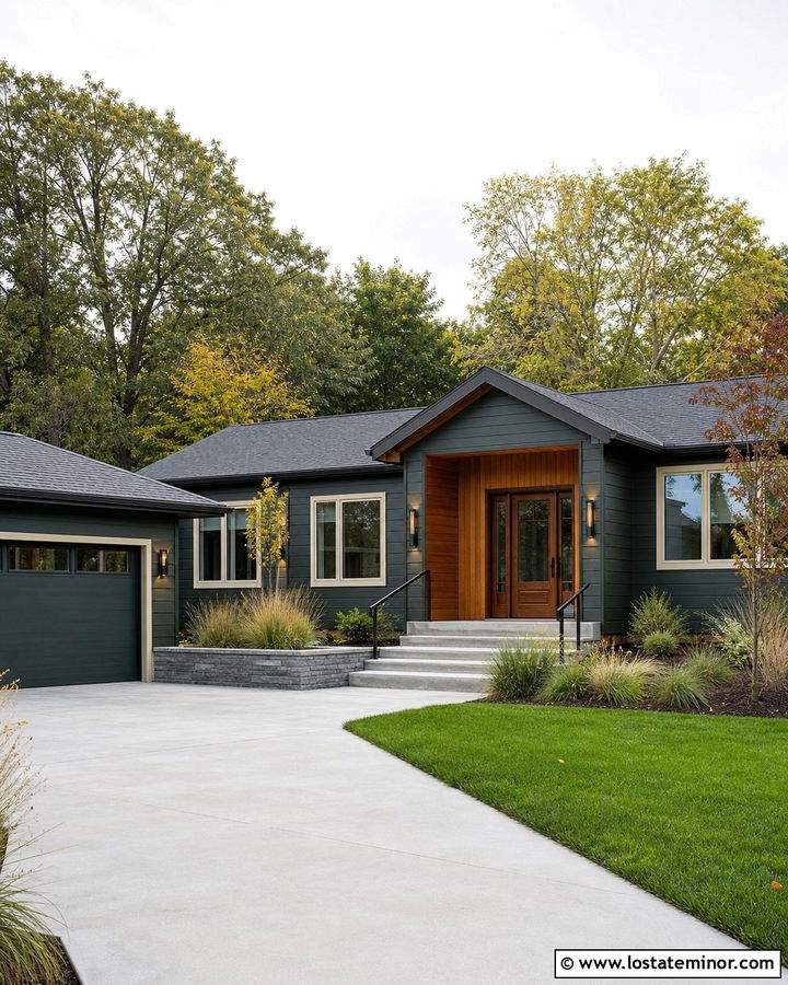 Hunter Green Ranch House With Wood Accents And Wall Lights - 30 Hunter Green House Design With Lighting Ideas