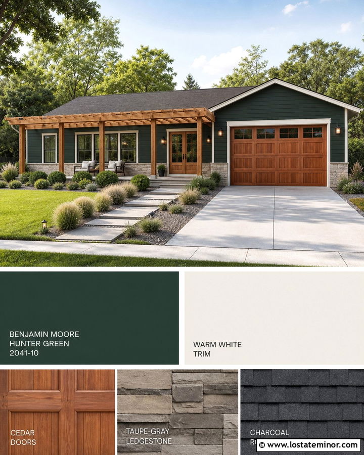 Hunter Green Ranch House With Wood Pergola - 30 Hunter Green House Design With Pergola Ideas