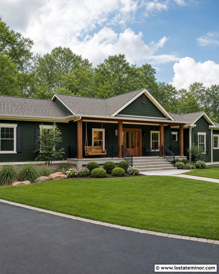 Hunter Green Ranch House With Wood Swing - 30 Hunter Green House Design With Swing Ideas