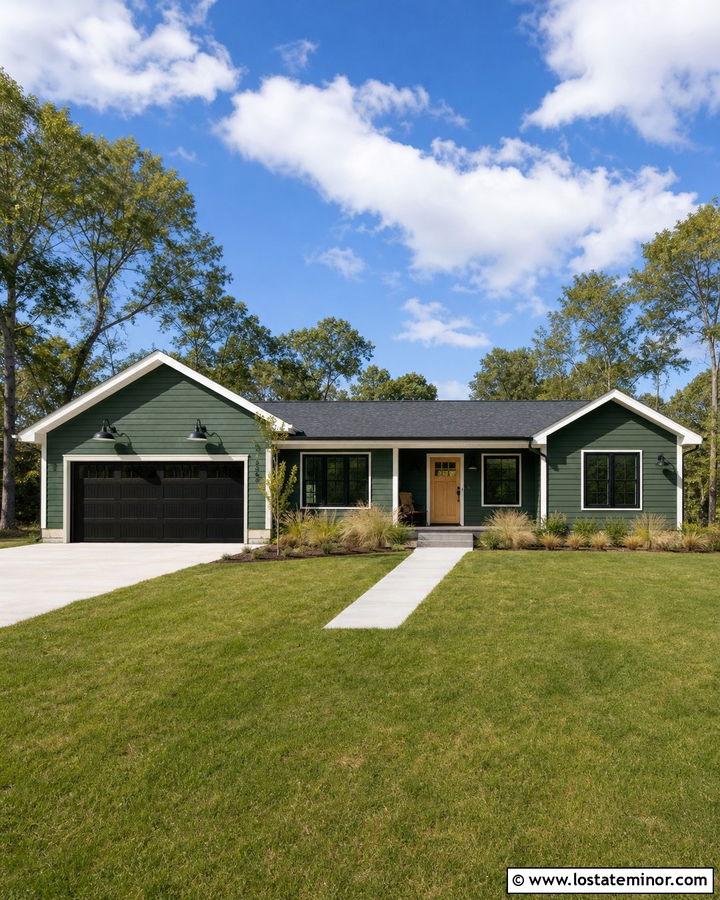 Hunter Green Ranch With Black Barn Lights - 30 Hunter Green House Design With Light Fixtures Ideas