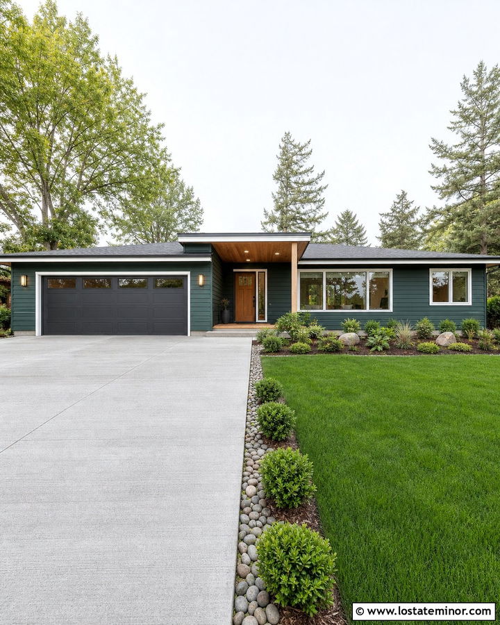 Hunter Green Ranch With Broom Finished Concrete Driveway - 30 Hunter Green House Design With Driveway Ideas