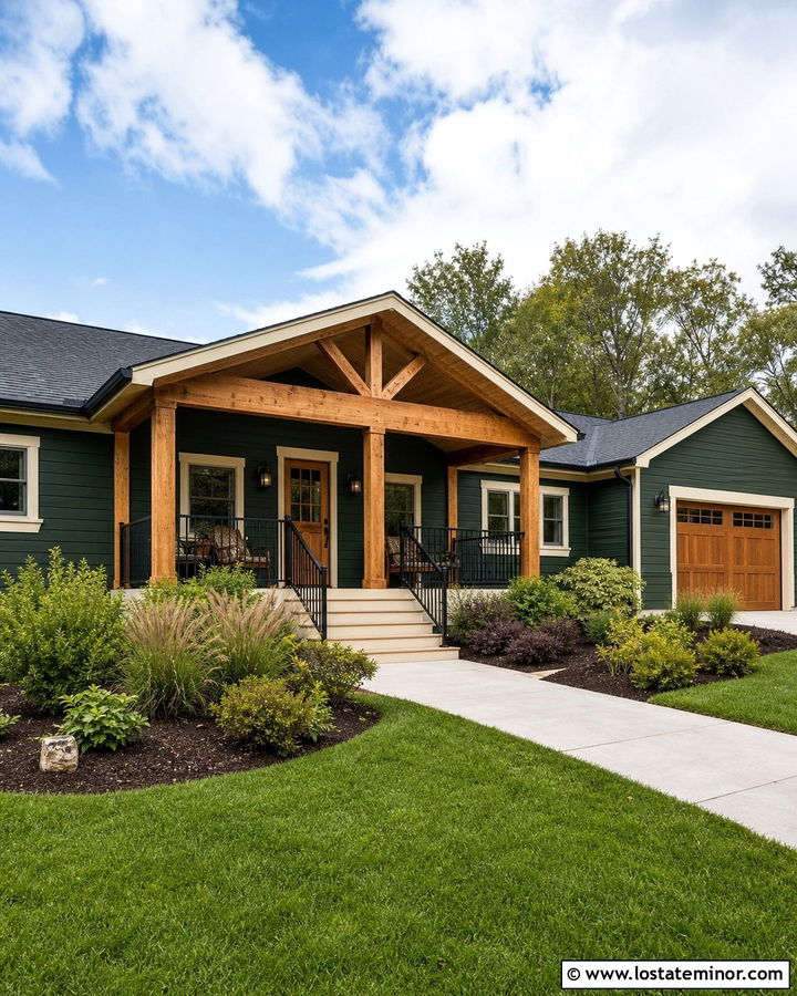 Hunter Green Ranch With Cedar Front Porch - 30 Hunter Green House Design With Front Porch Ideas
