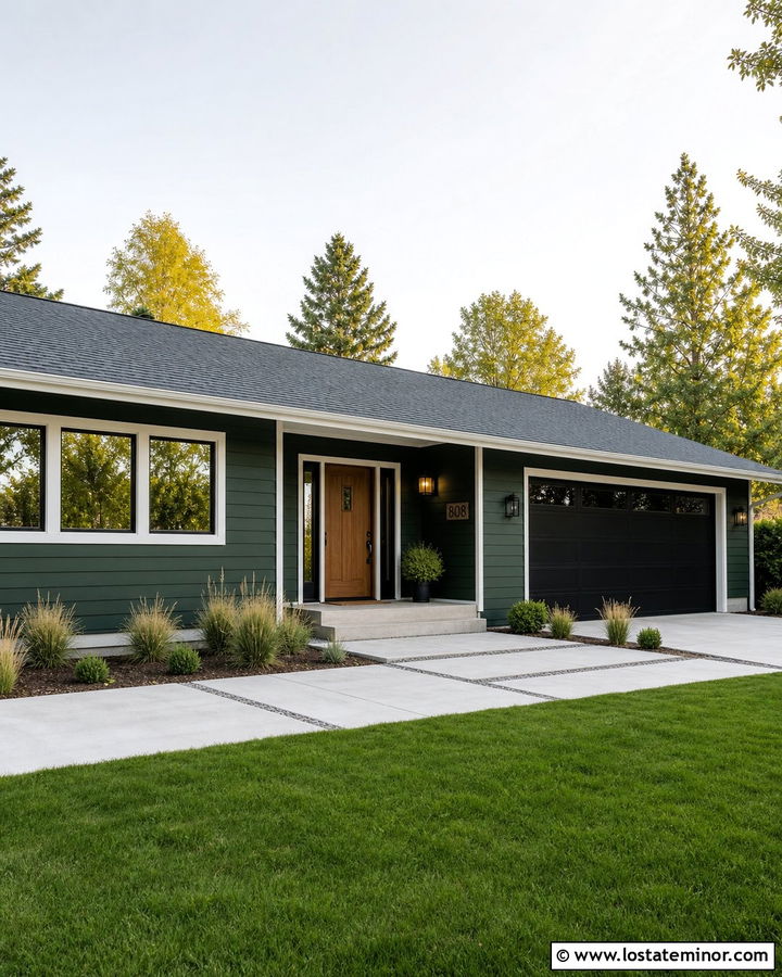 Hunter Green Ranch With Concrete Paver Walkway - 30 Hunter Green House Design With Walkway Ideas