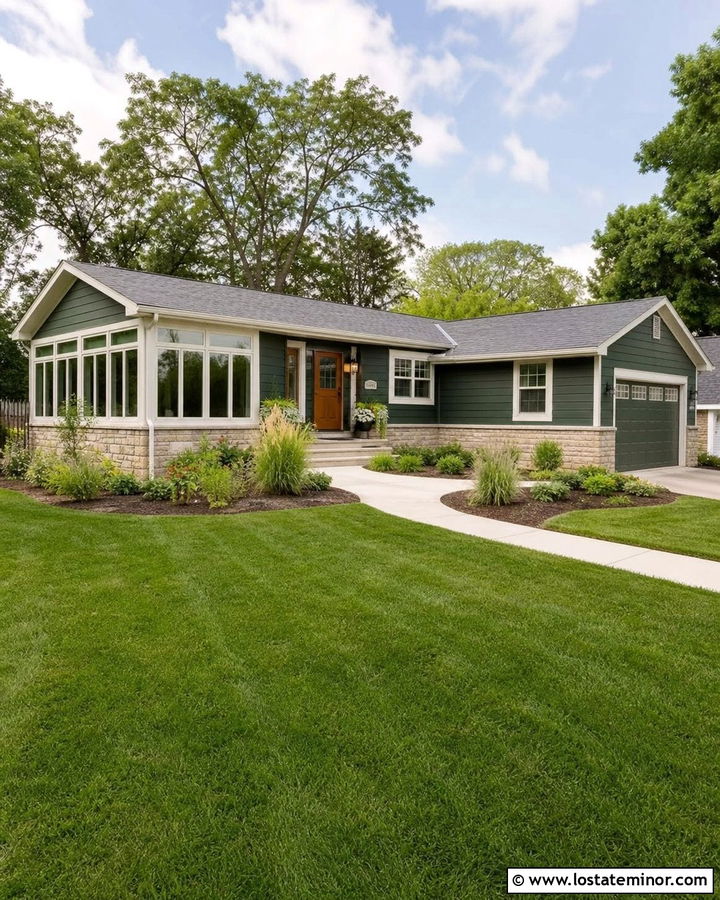 Hunter Green Ranch With Corner Sunroom - 30 Hunter Green House Design With Sunroom Ideas
