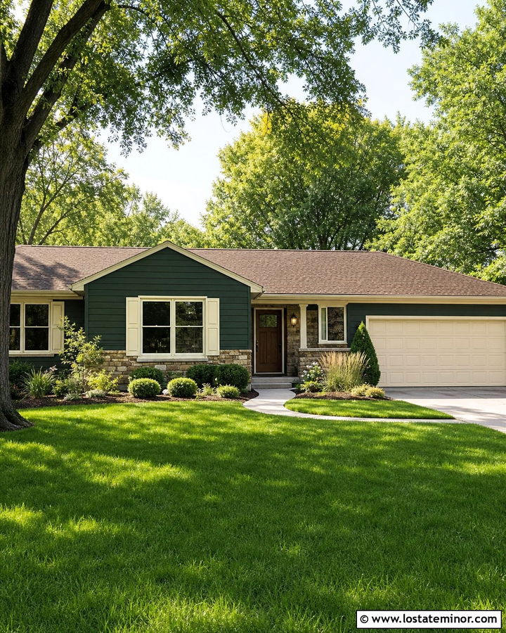 Hunter Green Ranch With Cream Shutters - 30 Hunter Green House Design With Shutters Ideas