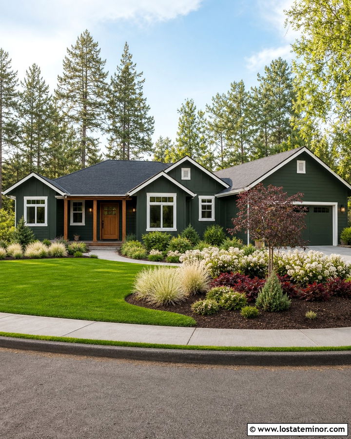 Hunter Green Ranch With Curved Foundation Landscaping - 30 Hunter Green House Design With Landscaping Ideas