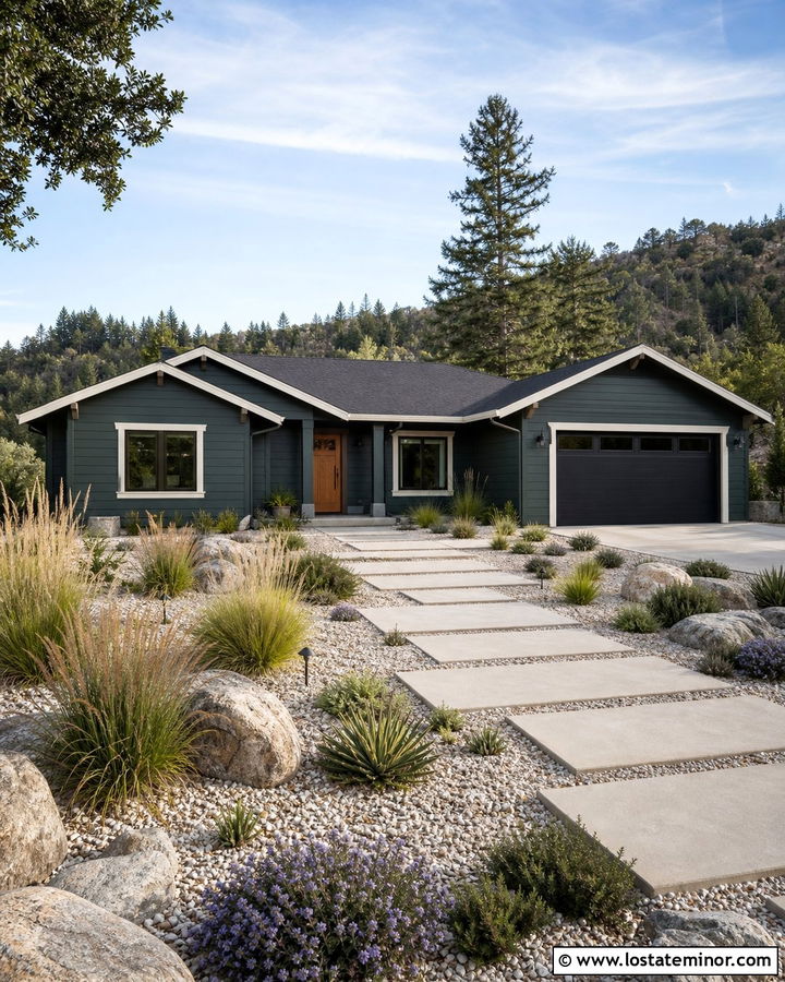 Hunter Green Ranch With Gravel Garden Landscaping - 30 Hunter Green House Design With Landscaping Ideas