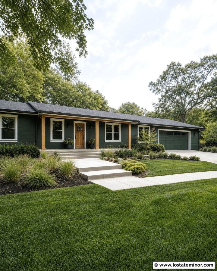 Hunter Green Ranch With Low Concrete Steps - 30 Hunter Green House Design With Steps Ideas