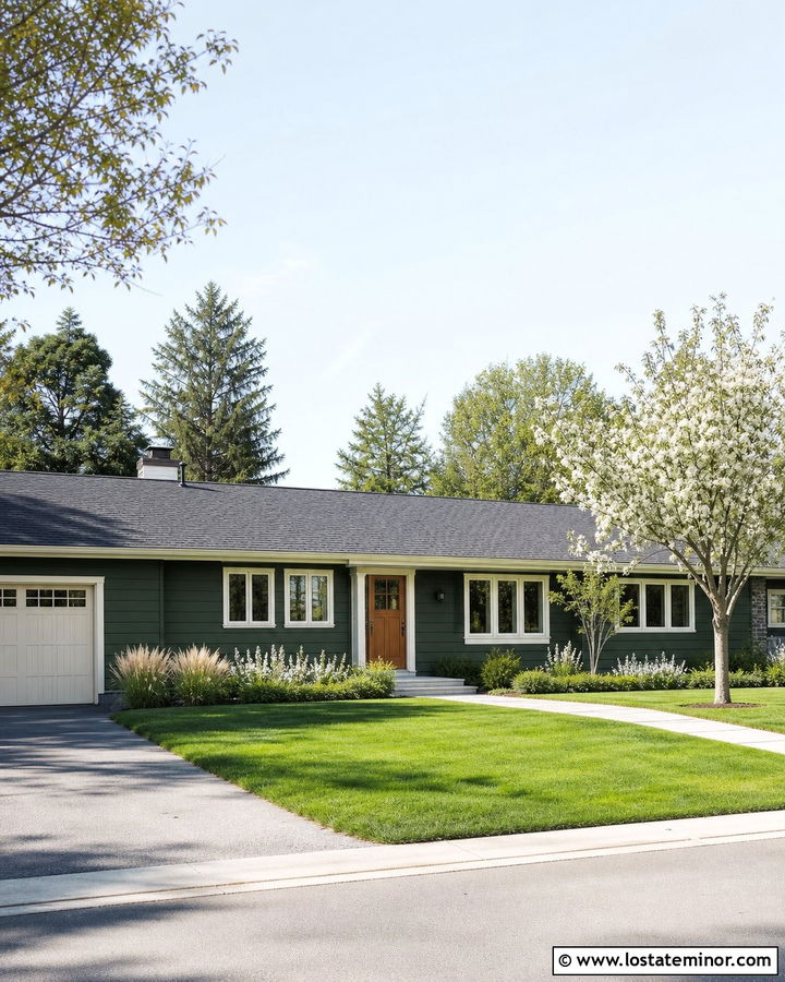 Hunter Green Ranch With Low Foundation Plants - 30 Hunter Green House Design With Front Yard Ideas
