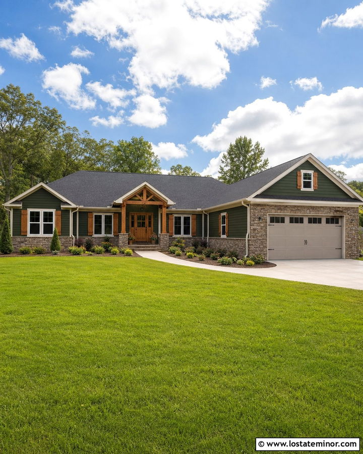 Hunter Green Ranch With Stone Wainscoting - 30 Hunter Green House Design With Stone Accents Ideas