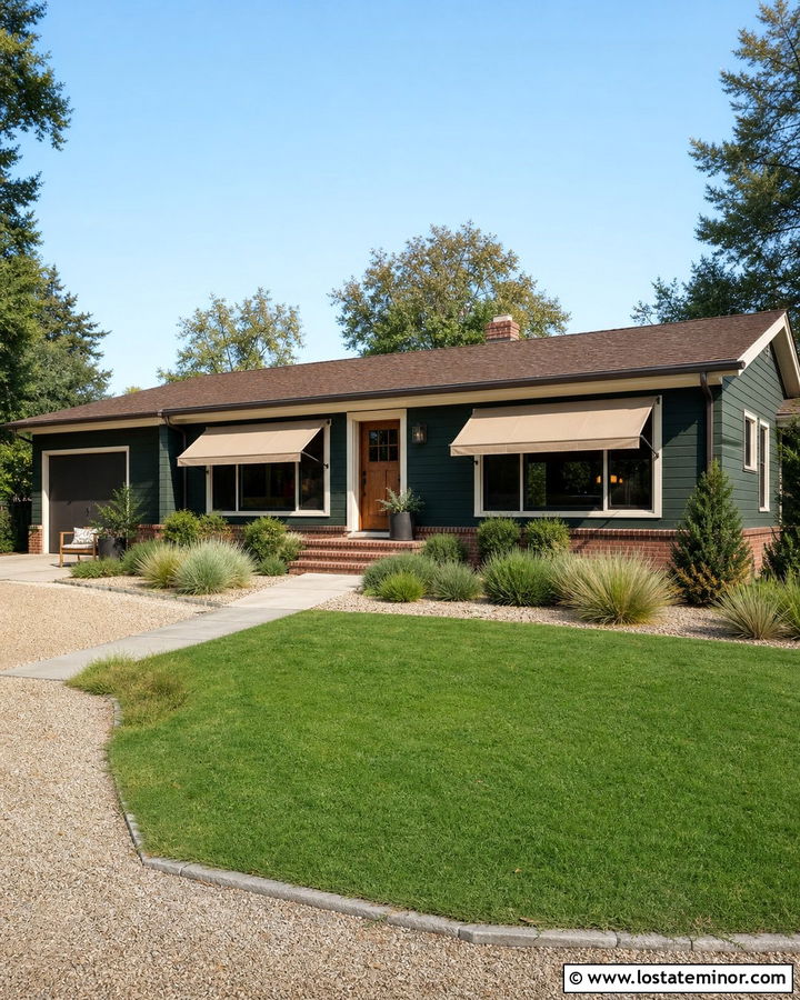Hunter Green Ranch With Tan Window Awnings - 30 Hunter Green House Design With Awning Ideas