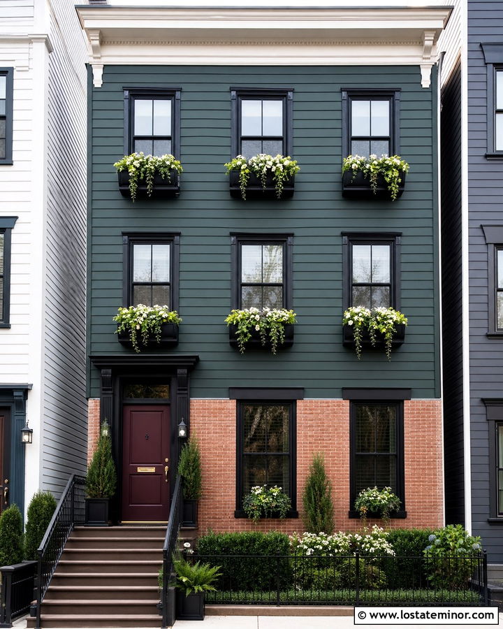 Hunter Green Row House With Black Window Boxes - 30 Hunter Green House Design With Window Boxes Ideas