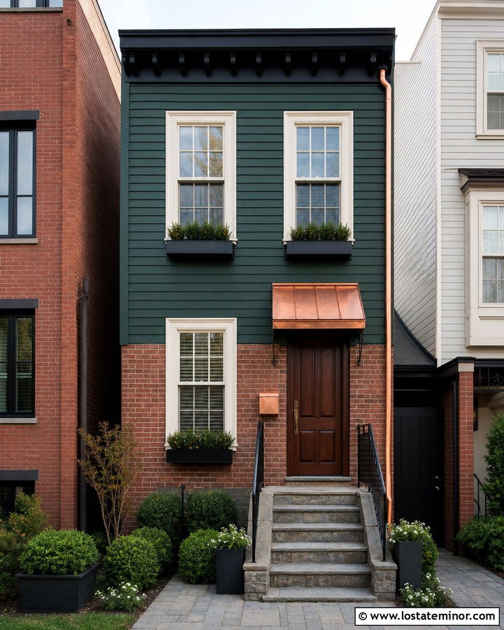 Hunter Green Row House With Copper Awning - 30 Hunter Green House Design With Awning Ideas