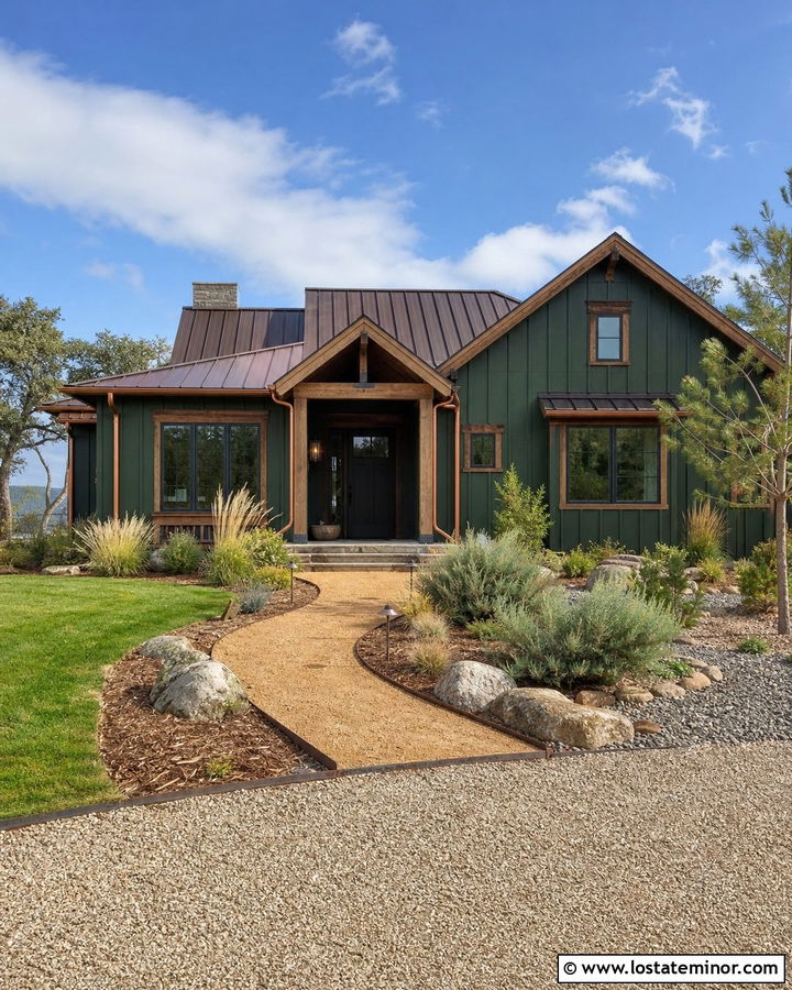 Hunter Green Rustic House With Decomposed Granite Walkway - 30 Hunter Green House Design With Walkway Ideas