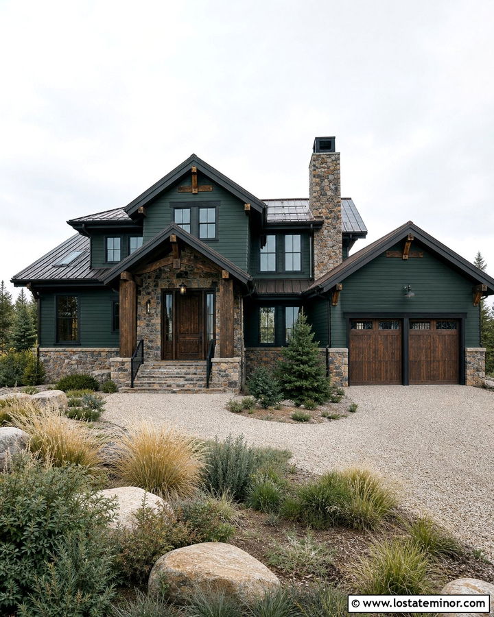 Hunter Green Rustic House With Dry Stack Stone - 30 Hunter Green House Design With Stone Accents Ideas