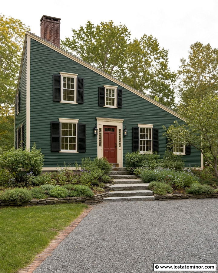 Hunter Green Saltbox With Crushed Granite Driveway - 30 Hunter Green House Design With Driveway Ideas