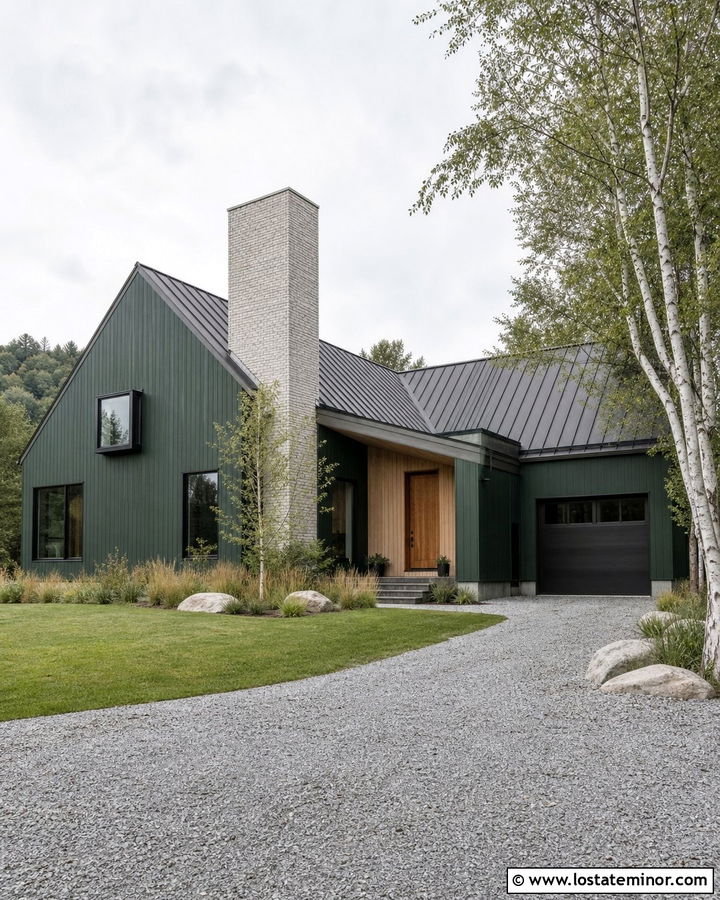 Hunter Green Scandinavian House With Light Brick Chimney - 30 Hunter Green House Design With Chimney Ideas