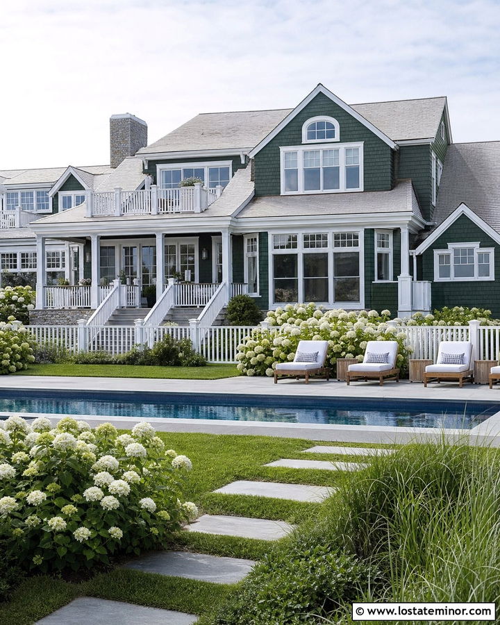 Hunter Green Shingle House With Coastal Pool - 30 Hunter Green House Design With Swimming Pool Ideas