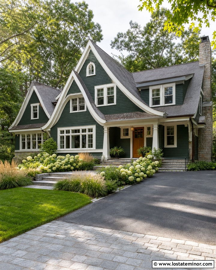 Hunter Green Shingle House With Granite Apron Driveway - 30 Hunter Green House Design With Driveway Ideas