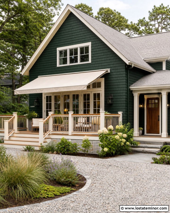 Hunter Green Shingle House With Natural Linen Awning - 30 Hunter Green House Design With Awning Ideas