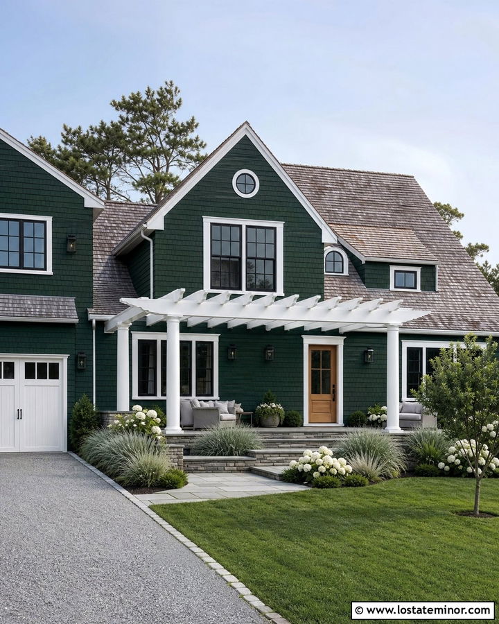 Hunter Green Shingle House With White Pergola - 30 Hunter Green House Design With Pergola Ideas