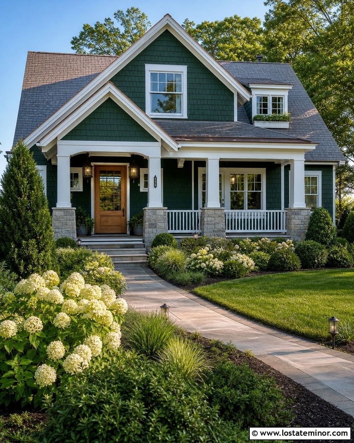 Hunter Green Shingle House With White Porch Columns - 30 Hunter Green House Design With Porch Columns Ideas