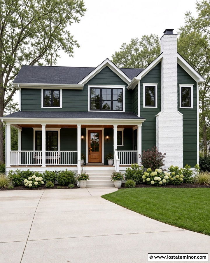 Hunter Green Shiplap House With White Brick Chimney - 30 Hunter Green House Design With Chimney Ideas