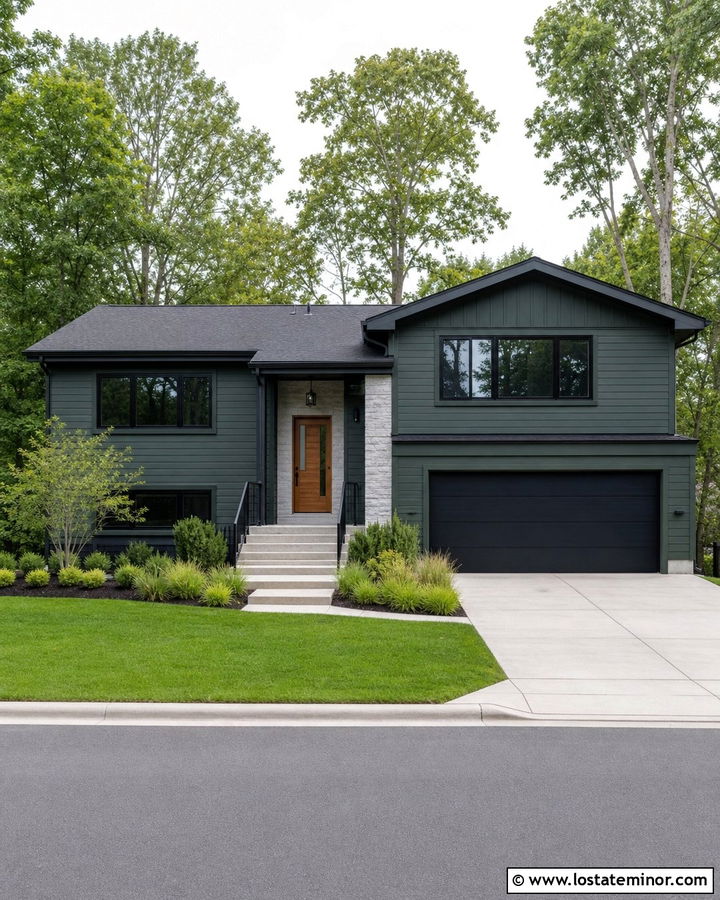 Hunter Green Siding With A Black Garage Door - 30 Hunter Green House Design With Siding Ideas