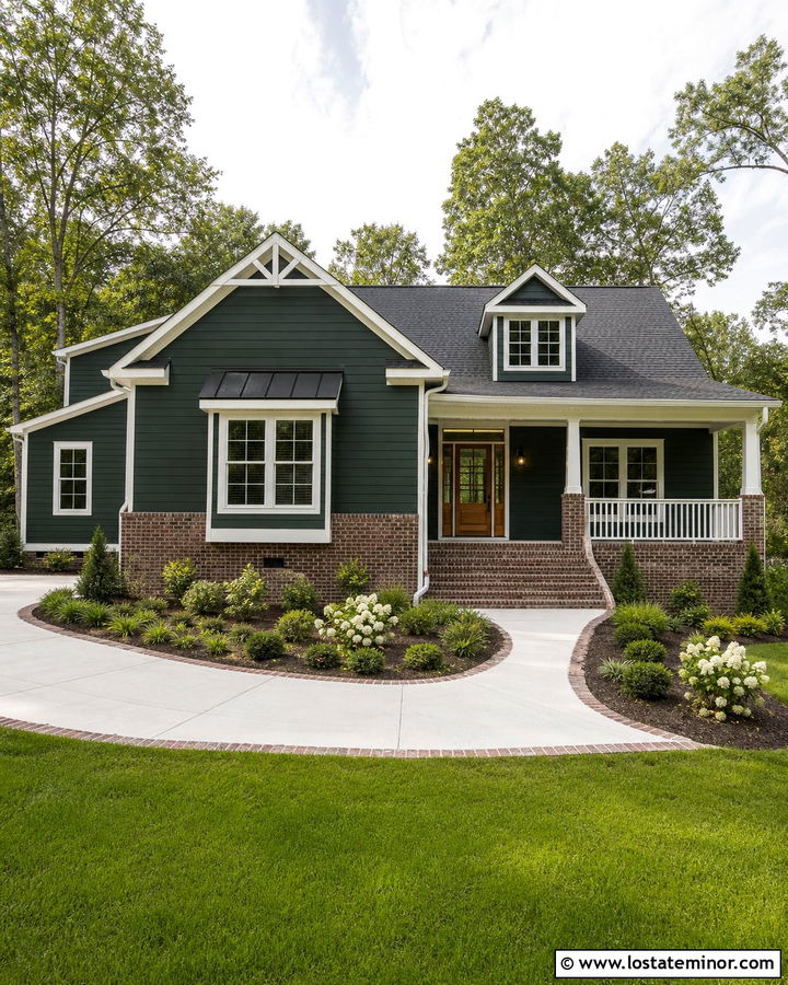 Hunter Green Siding With A Brick Foundation - 30 Hunter Green House Design With Siding Ideas